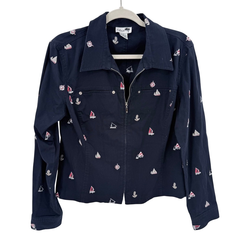 Island Republic Womens Navy‎ Blue Nautical Sailboat Embroidered Zip Up Jacket 12